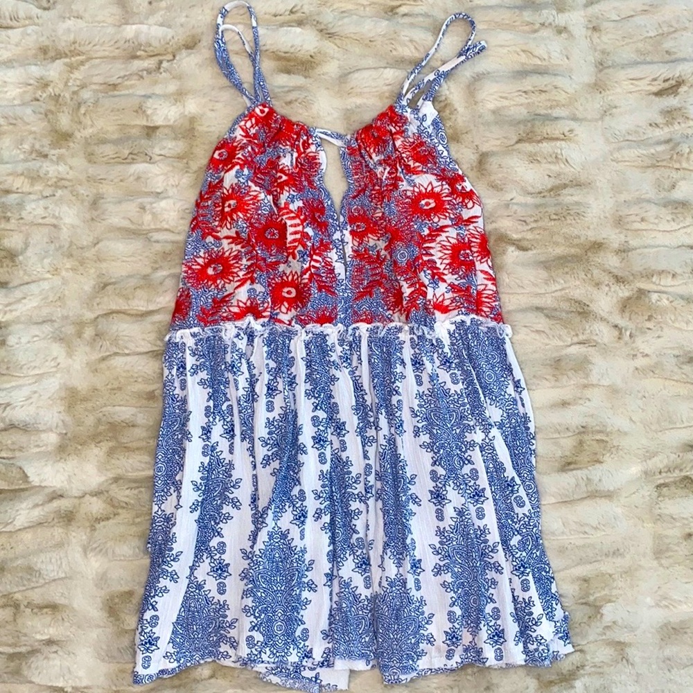 THML Blue & White Backless Swing Top w Red Embroidery & Ties